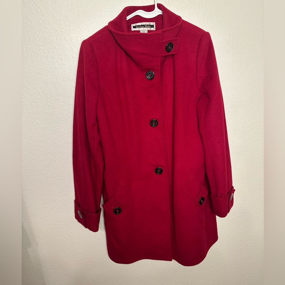 Kristen Blake Red Pea Coat with Black Buttons